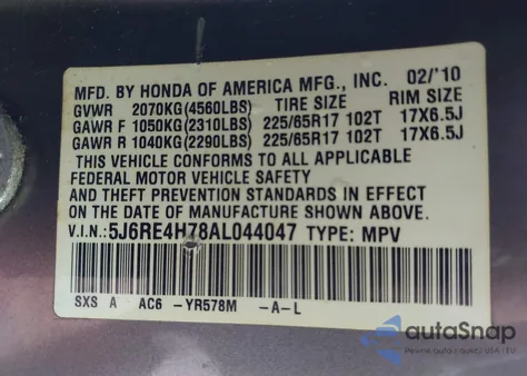 2010 Honda Cr-V Ex-L from USA, damaged, VIN 5J6RE4H78AL044047